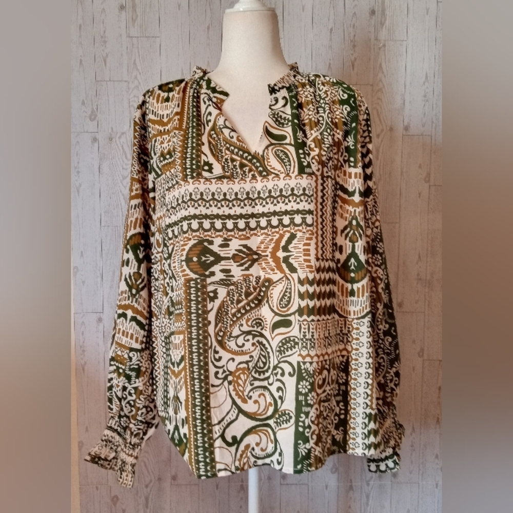 Mascomoda Bohemian Print Blouse - Green and Brown Women's Size XL